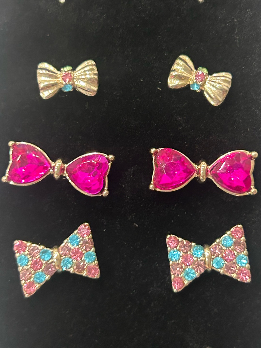 Betsey Johnson Cute Rhinestone Pink Bow Coquette Stud Earrings 3 Pairs